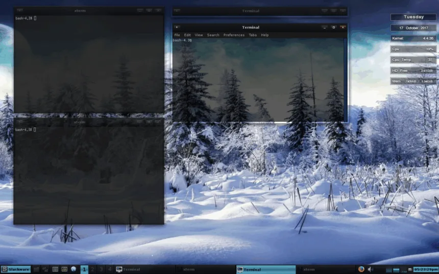 IceWM 3.8.0 com múltiplos terminais e monitoramento de CPU e memória no painel lateral.