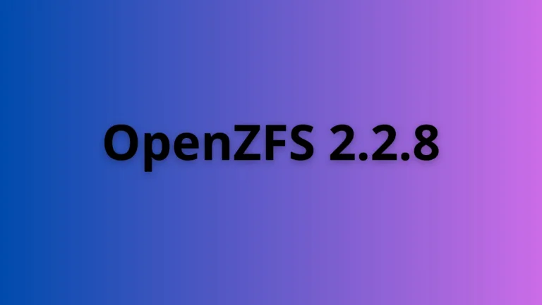 OpenZFS 2.2.8 com destaque visual sobre fundo degradê roxo e azul