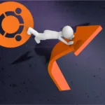 Personagem impulsionado pelo logo do Ubuntu em direção ao futuro com Wayland no Ubuntu 25.10.