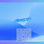 Interface do deepin 25 com menu de aplicativos aberto sobre fundo azul translúcido