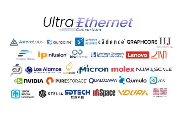 Logotipos das empresas membros do Ultra Ethernet Consortium que colaboraram na especificação UEC 1.0 para IA e HPC