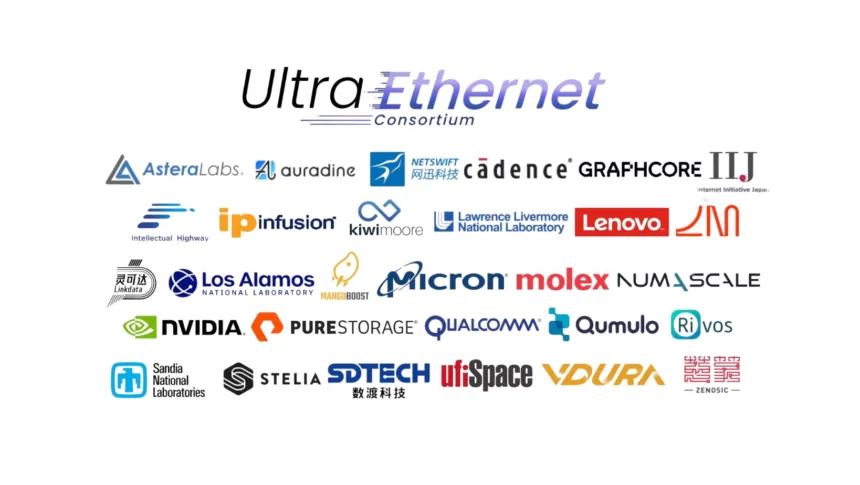 Logotipos das empresas membros do Ultra Ethernet Consortium que colaboraram na especificação UEC 1.0 para IA e HPC