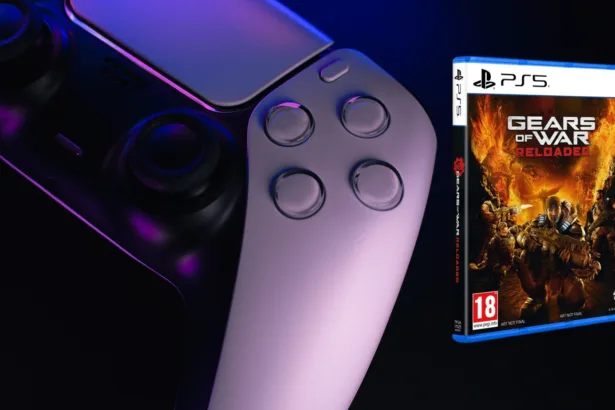 Visual do Gears of War Reloaded para PS5 com foco na mídia física e no controle