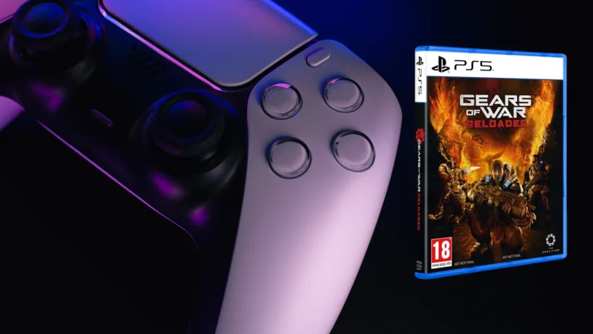 Visual do Gears of War Reloaded para PS5 com foco na mídia física e no controle