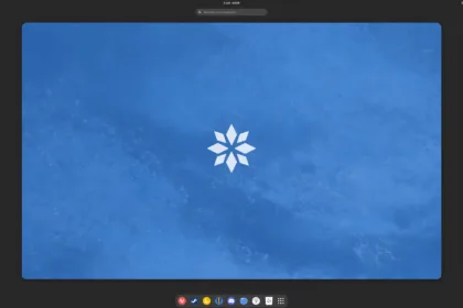 Área de trabalho do GLF OS Beta com dock centralizado e fundo azul estilizado