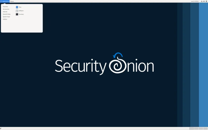Interface inicial do Security Onion 2.4.160 exibindo o logo em ambiente gráfico minimalista