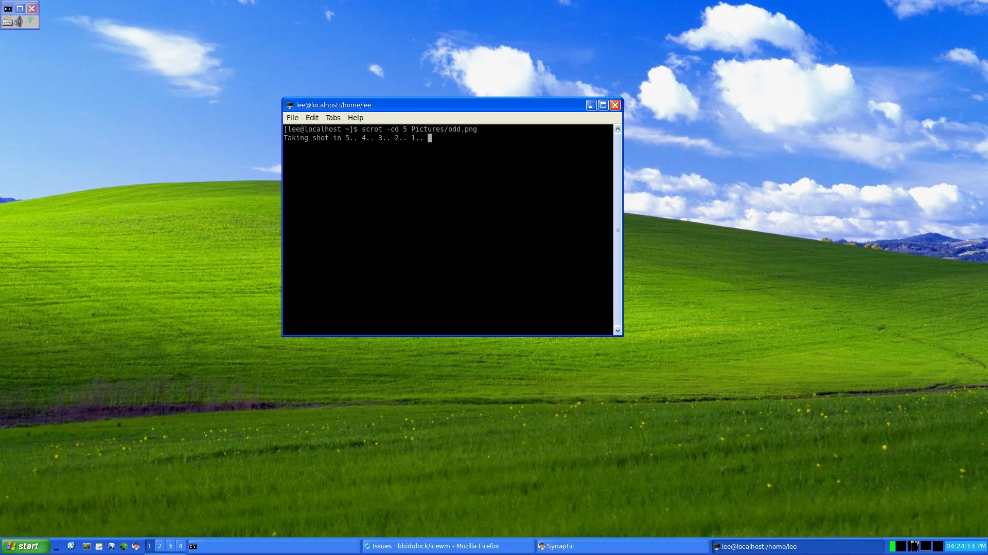 Captura de tela do IceWM 3.8.0 com visual clássico estilo Windows XP e terminal aberto.