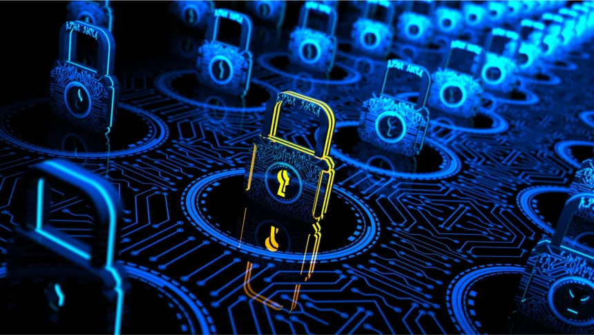Ilustração conceitual de criptografia de disco Linux usando LUKS em ambiente digital