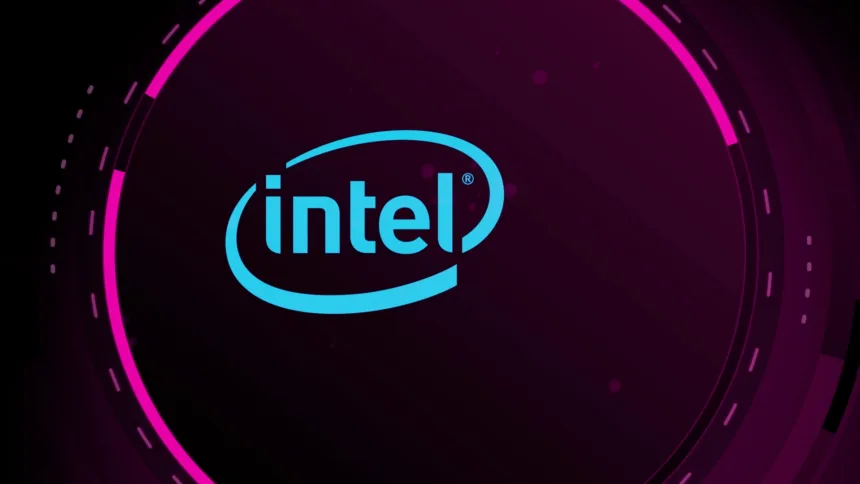 Logo da Intel em destaque com fundo gráfico futurista, representando o lançamento do Intel Compute-Runtime 25.22.33944.8.