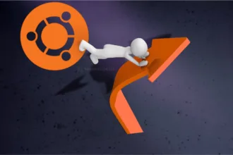 Personagem impulsionado pelo logo do Ubuntu em direção ao futuro com Wayland no Ubuntu 25.10.