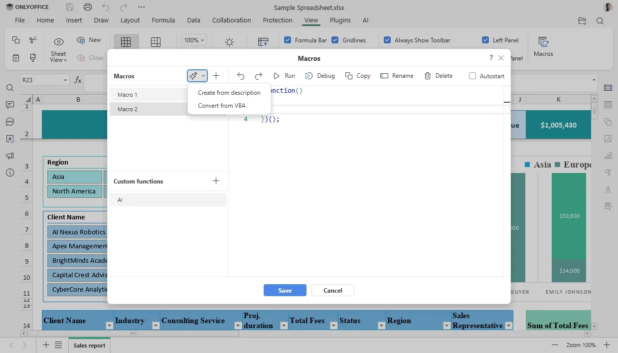 Edição de macros com IA no ONLYOFFICE 9.0 dentro de planilha XLSX