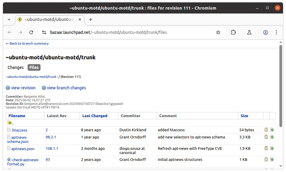 Fim de uma era: Launchpad descontinua o Bazaar Code Hosting, desenvolvedores Ubuntu devem migrar para Git 2 Interface web do Bazaar no Launchpad mostrando arquivos da revisão do repositório Ubuntu MOTD