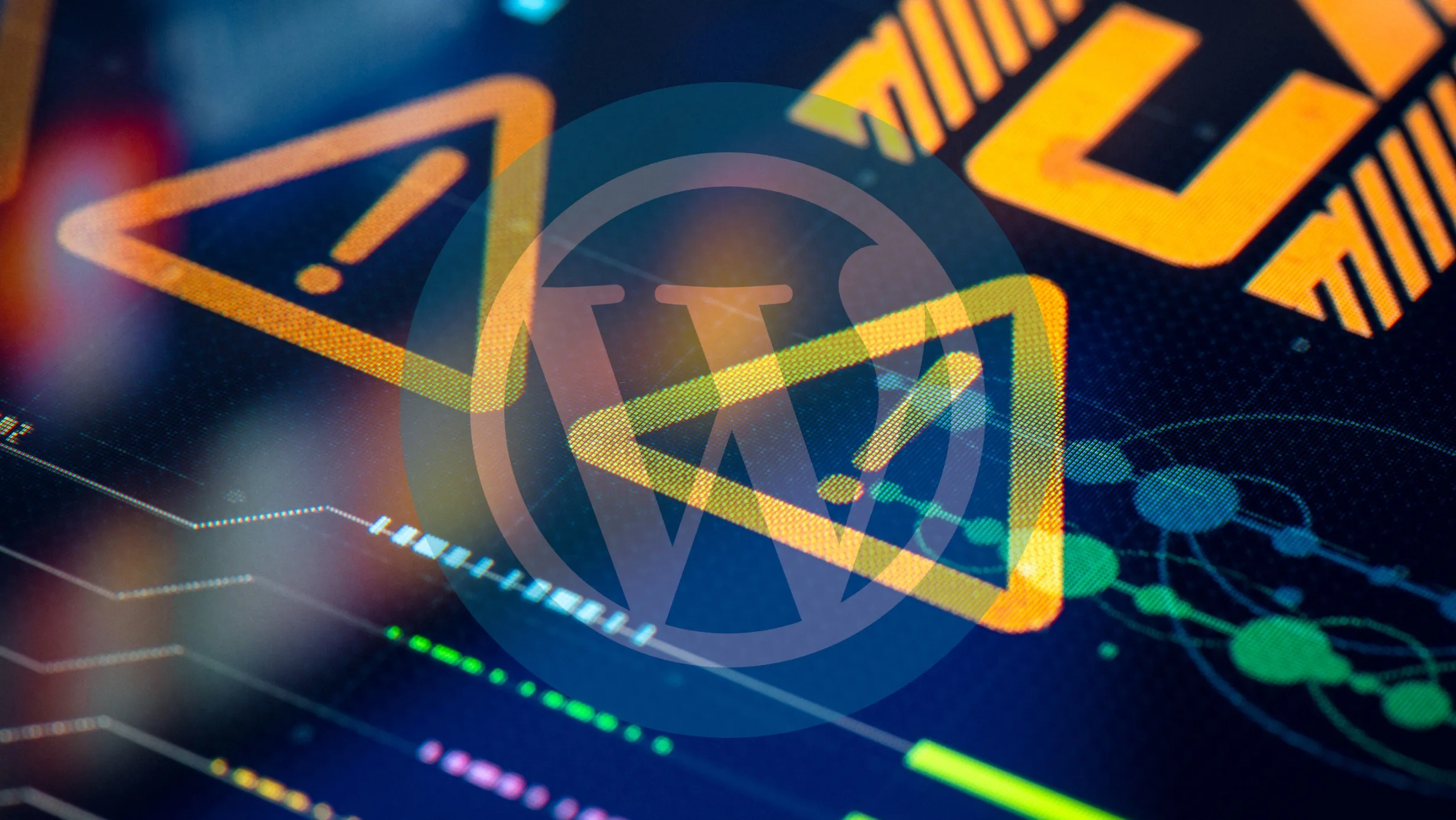 Alerta de segurança com ícones de atenção sobre fundo digital representando WordPress vulnerabilidades