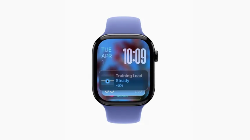 Tela do watchOS 26 mostrando o design Liquid Glass e o recurso Workout Buddy com IA no Apple Watch