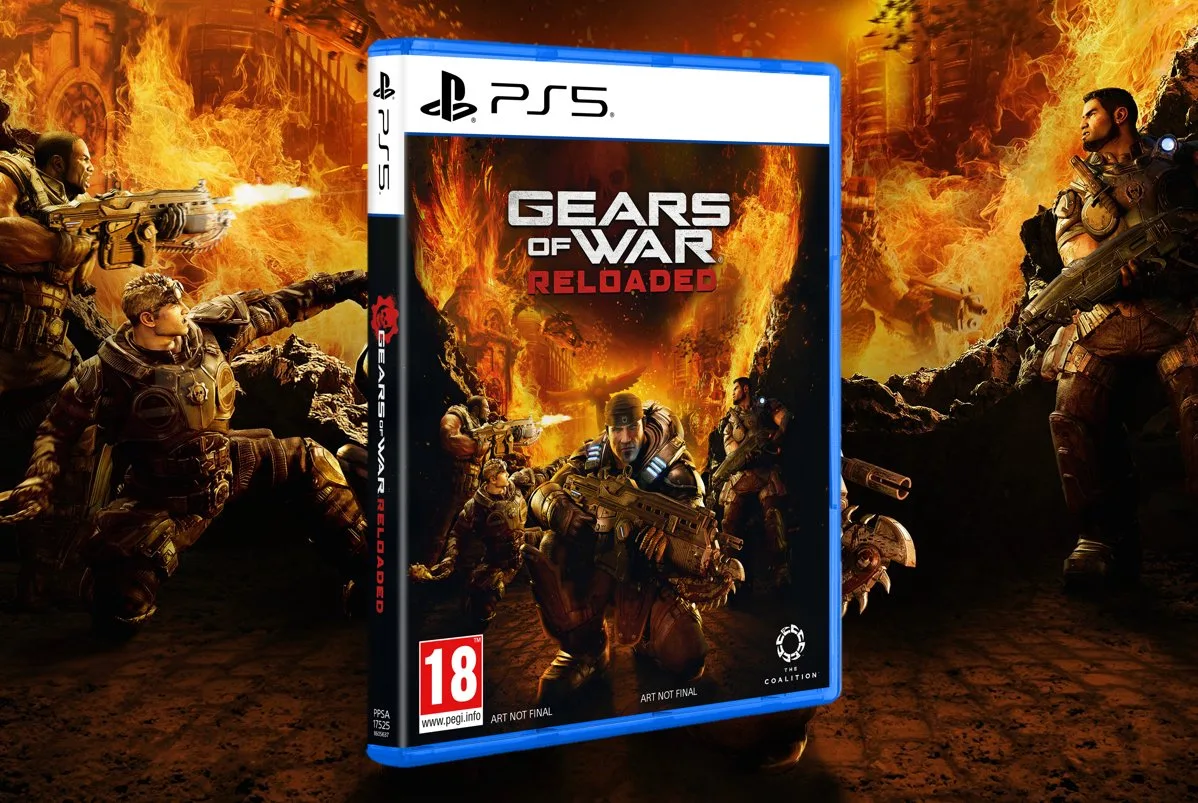 Imagem promocional de Gears of War Reloaded destacando mídia física no PlayStation 5