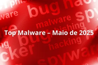 Gráfico com destaque para o Top Malware Maio 2025 e termos como ransomware e phishing