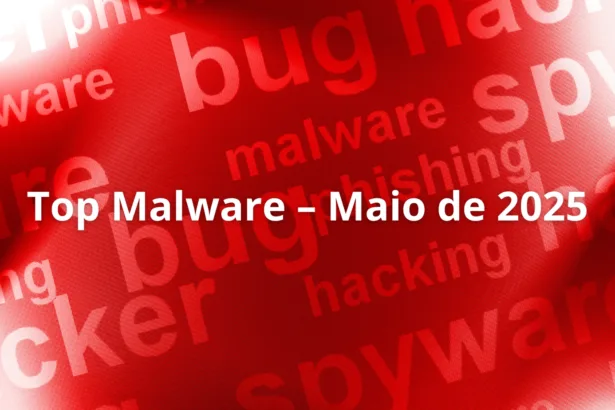 Gráfico com destaque para o Top Malware Maio 2025 e termos como ransomware e phishing