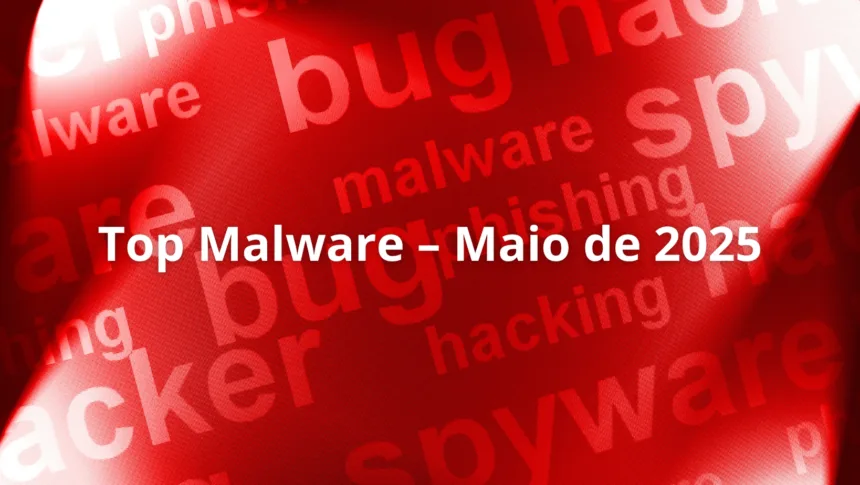 Gráfico com destaque para o Top Malware Maio 2025 e termos como ransomware e phishing