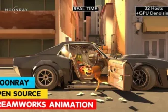 Renderização em tempo real com OpenMoonRay mostrando personagens animados em um carro, por DreamWorks Animation