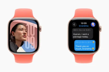 Tela do watchOS 26 mostrando o design Liquid Glass e o recurso Workout Buddy com IA no Apple Watch