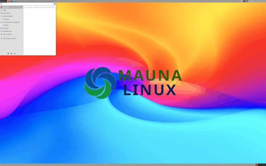 Captura de tela do desktop do Mauna Linux 24.7 com menu aberto no ambiente Xfce