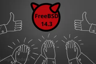 Logotipo do FreeBSD 14.3 com aplausos e sinais de positivo simbolizando recepção positiva