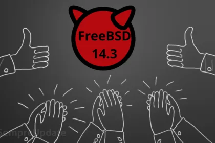 Logotipo do FreeBSD 14.3 com aplausos e sinais de positivo simbolizando recepção positiva