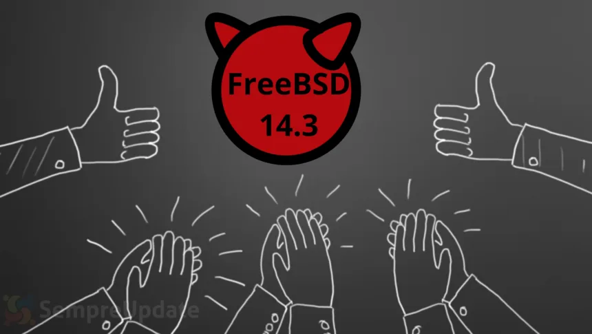 Logotipo do FreeBSD 14.3 com aplausos e sinais de positivo simbolizando recepção positiva