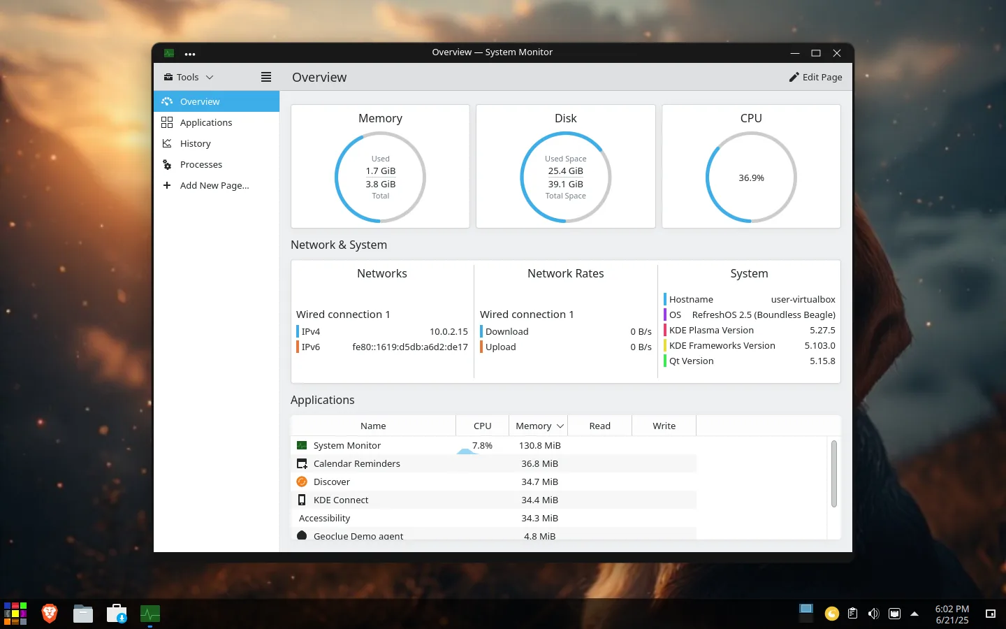 Captura de tela do System Monitor no RefreshOS 2.5 com KDE Plasma leve e uso otimizado de recursos.