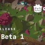 Captura de tela promocional do Godot 4.5 Beta 1 com interface do jogo e logo do Godot Engine.