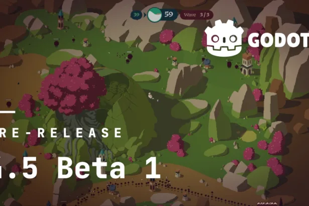 Captura de tela promocional do Godot 4.5 Beta 1 com interface do jogo e logo do Godot Engine.