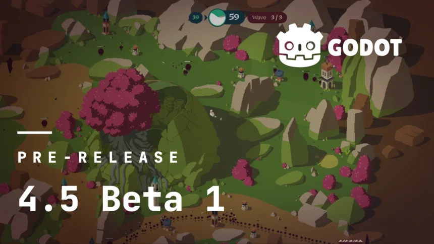 Captura de tela promocional do Godot 4.5 Beta 1 com interface do jogo e logo do Godot Engine.