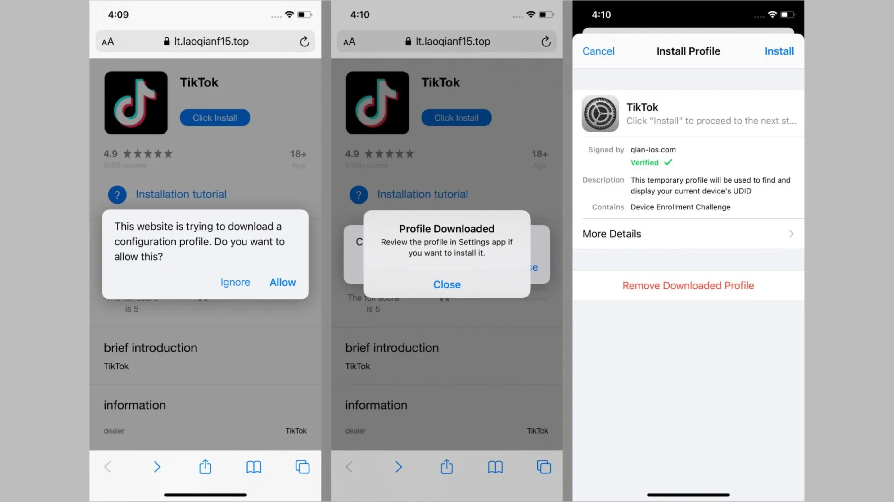 Aplicativo clone do TikTok instalado por meio de um perfil iOS