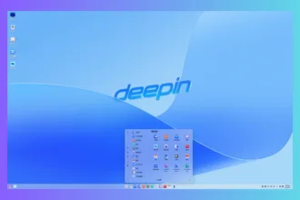 Interface do deepin 25 com menu de aplicativos aberto sobre fundo azul translúcido