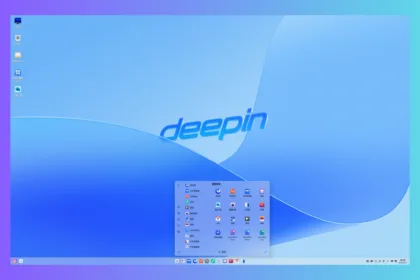 Interface do deepin 25 com menu de aplicativos aberto sobre fundo azul translúcido