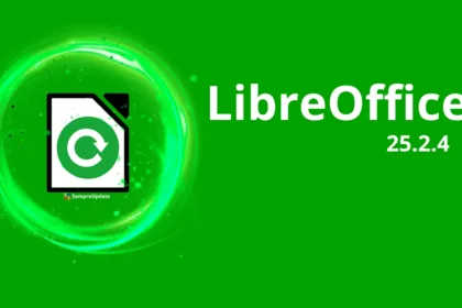 Logo do LibreOffice 25.2.4 com símbolo de atualização em destaque sobre fundo verde