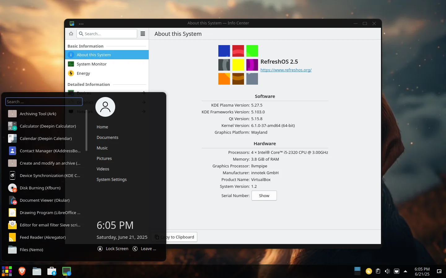 Informações do sistema no RefreshOS 2.5 exibindo KDE Plasma 5.27.5 e kernel Linux 6.1.