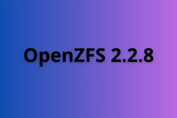 OpenZFS 2.2.8 com destaque visual sobre fundo degradê roxo e azul