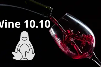 Wine 10.10 em destaque com taça de vinho e mascote do Linux sobre fundo escuro