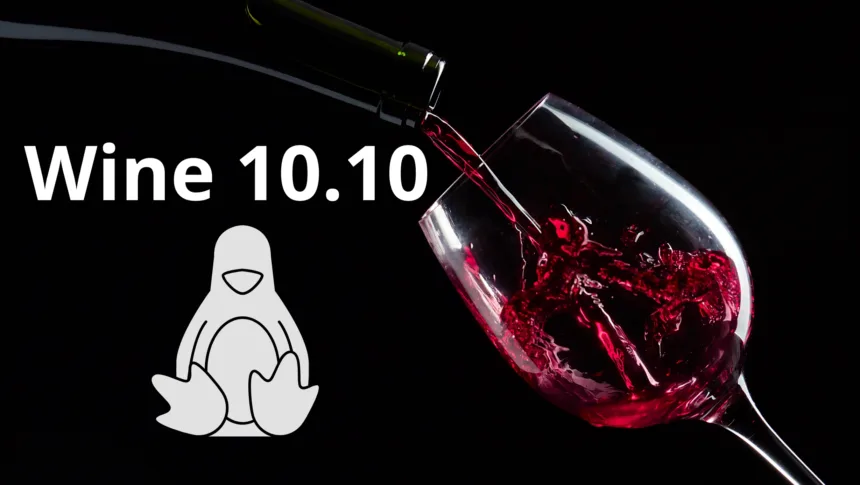 Wine 10.10 em destaque com taça de vinho e mascote do Linux sobre fundo escuro