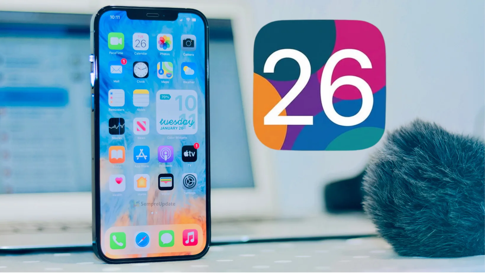 iOS 26 da Apple em um iPhone com design atualizado e apps renovados