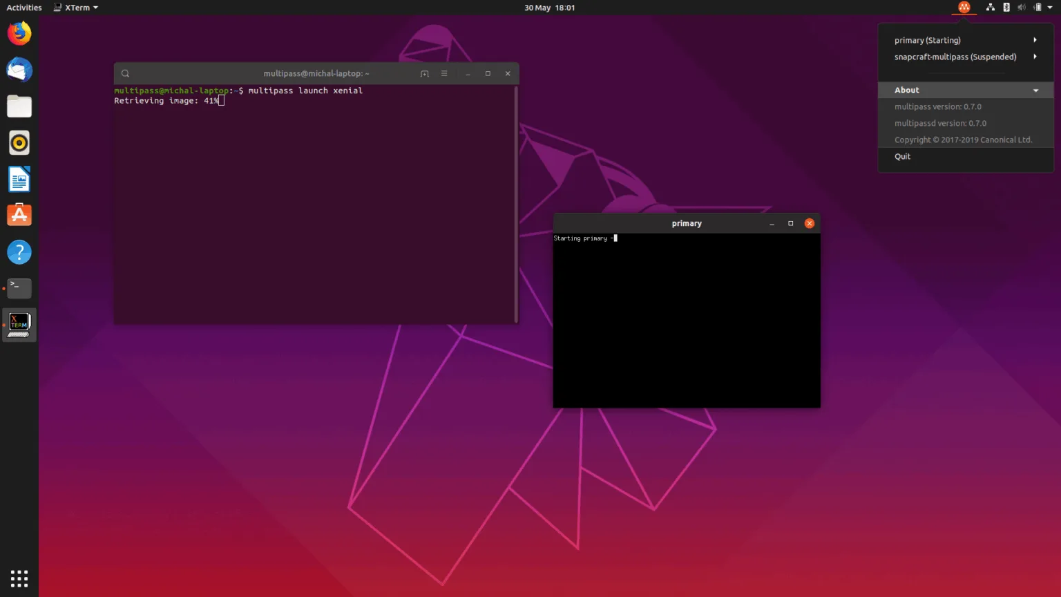 Interface do Multipass Open Source com terminal e GUI exibindo VM Ubuntu em execução
