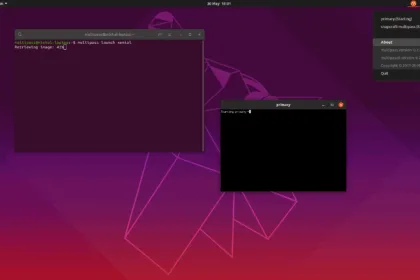 Interface do Multipass Open Source com terminal e GUI exibindo VM Ubuntu em execução