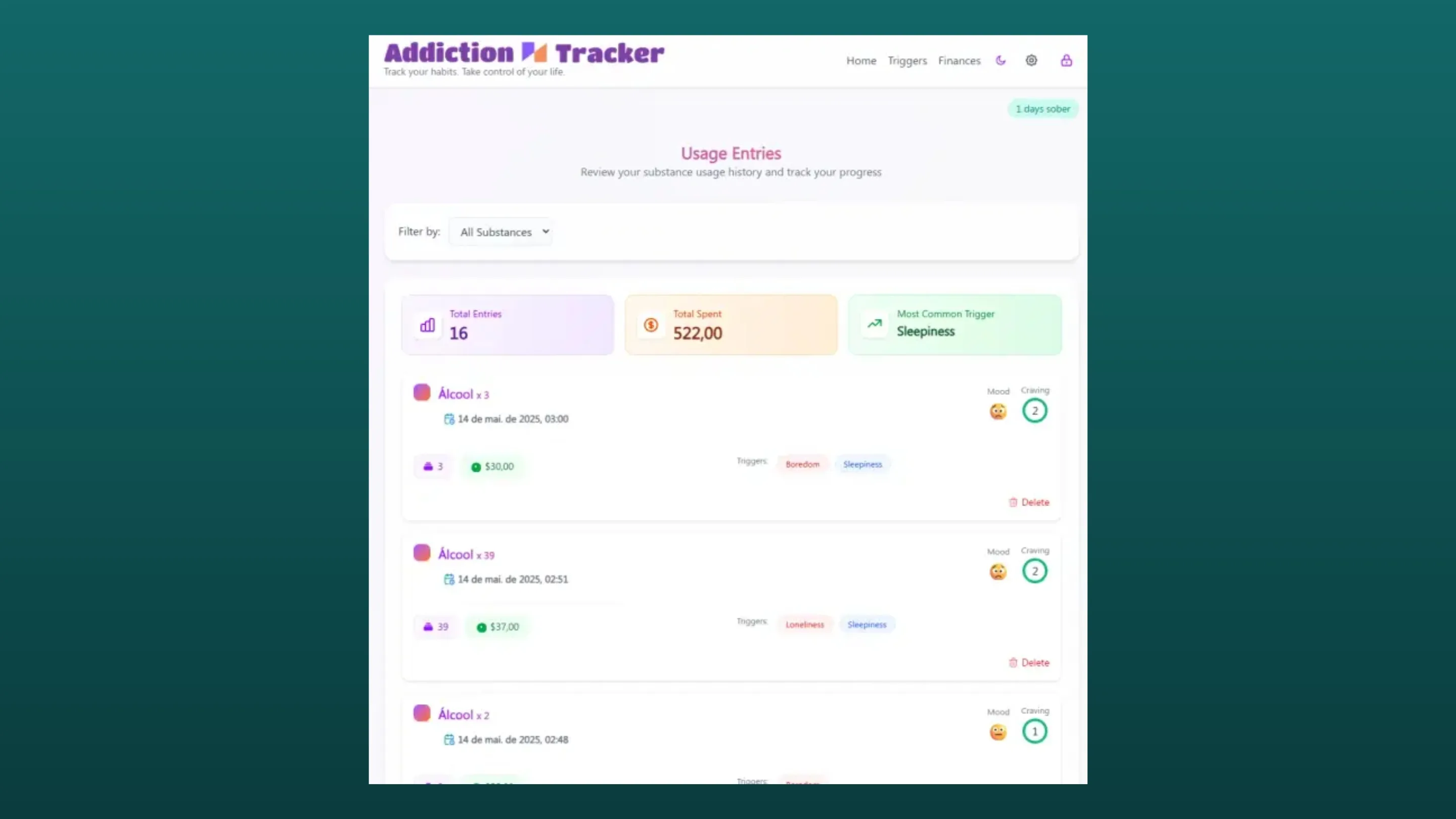 Imagem com a interface do Addiction Tracker
