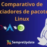 Comparativo de gerenciadores de pacotes no Linux com DNF, APT, Pacman e Zypper representados por logos das distros