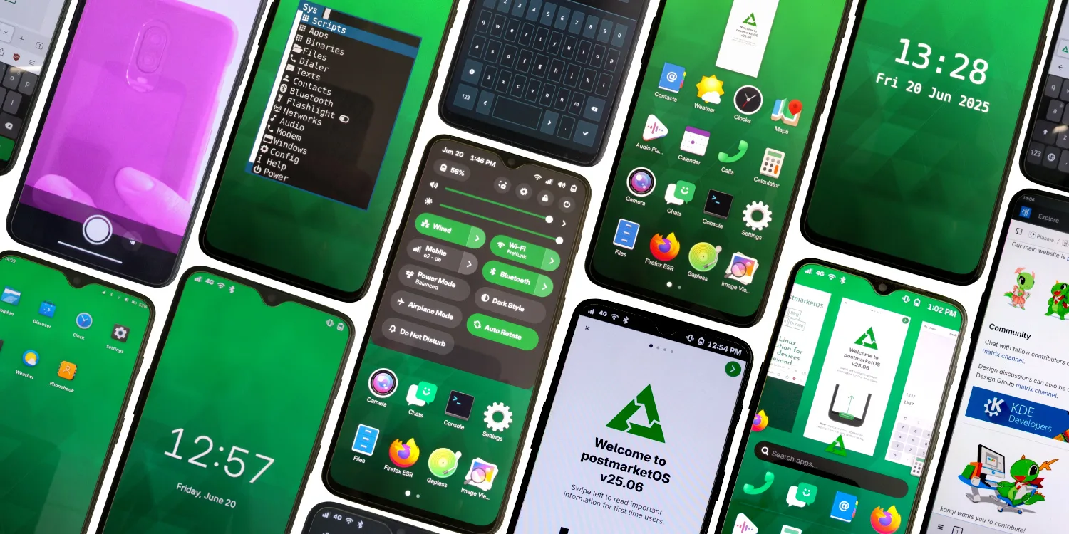 Interface gráfica e telas de dispositivos rodando o postmarketOS v25.06 com systemd.