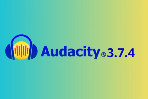 Logo do Audacity 3.7.4 sobre fundo colorido representando o lançamento da nova versão com IA OpenVINO