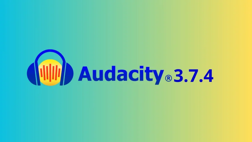 Logo do Audacity 3.7.4 sobre fundo colorido representando o lançamento da nova versão com IA OpenVINO
