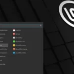 Menu de aplicativos do Linux Mint 22.2 com tema escuro e ícones organizados por categorias.