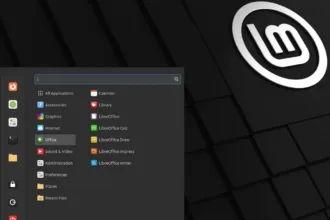 Menu de aplicativos do Linux Mint 22.2 com tema escuro e ícones organizados por categorias.